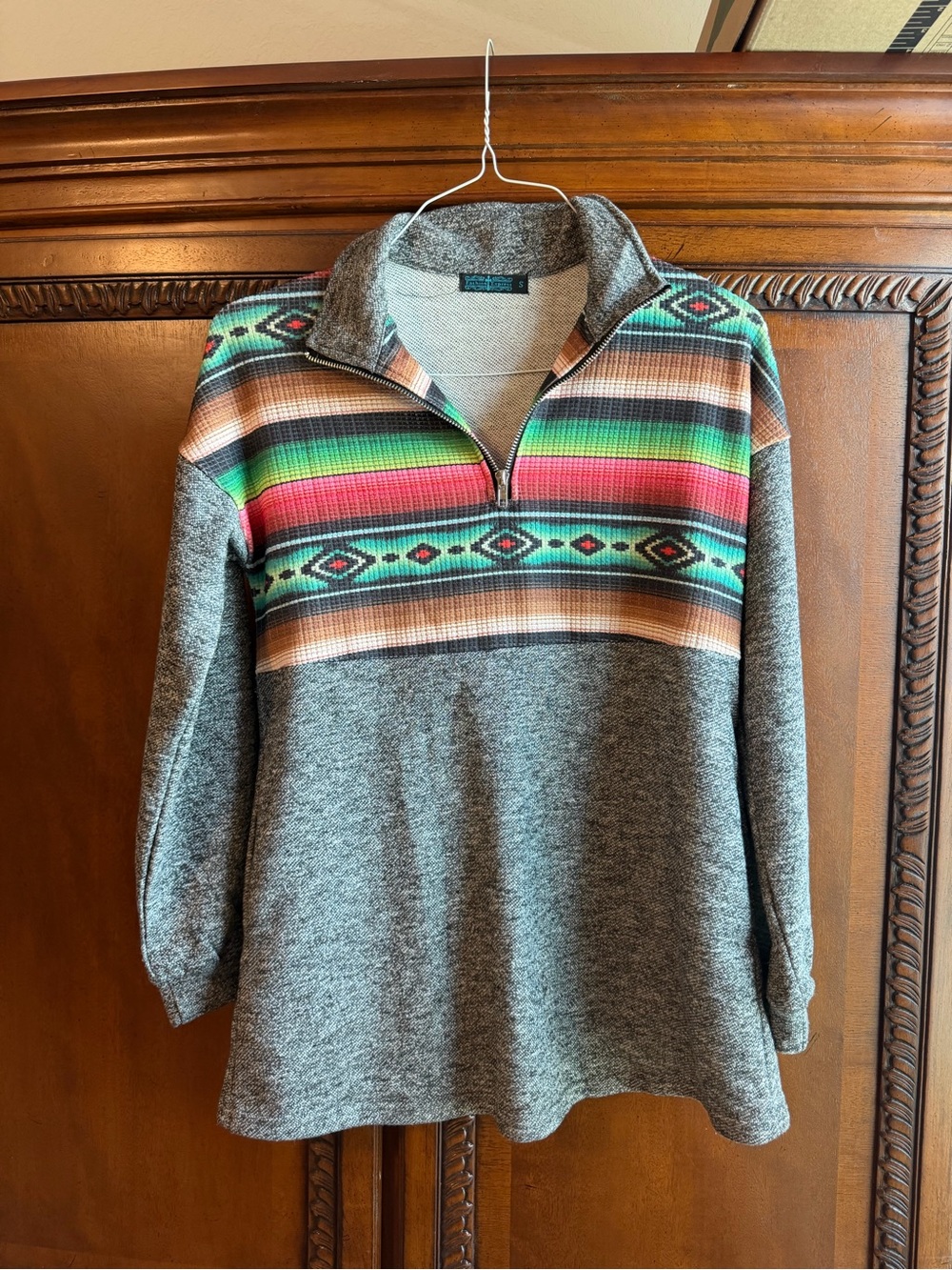 Women's Gray Quarter-Zip Pullover with Southwestern Stripe